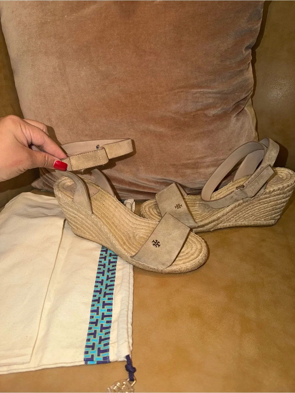 Tory Burch Beige Suede Espadrille Wedge Sandals